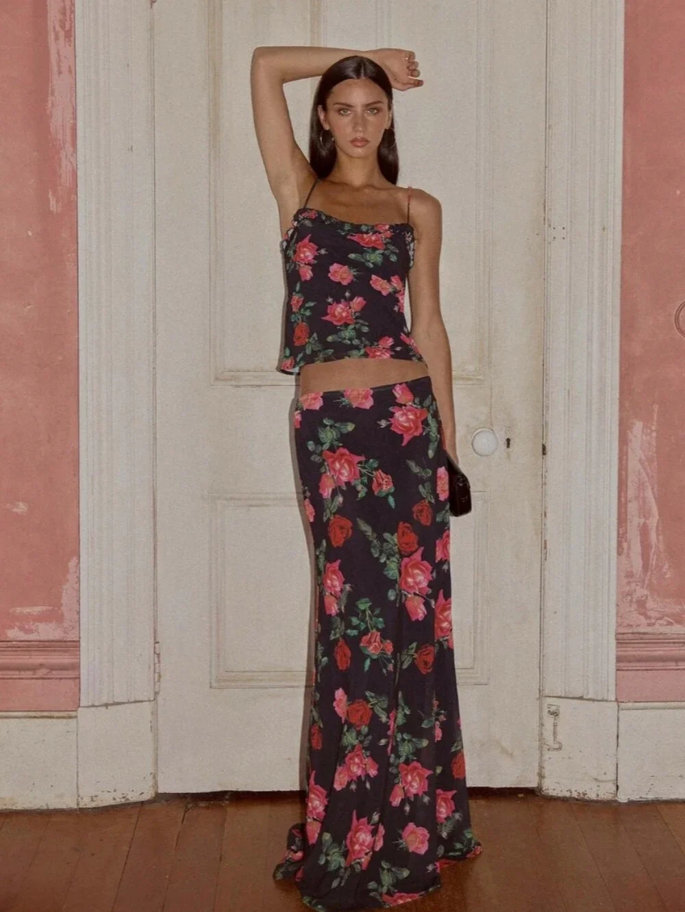 NWT Peppermayo SET Floral Camisole Maxi Skirt Black Red Roses SMALL Evening Top
